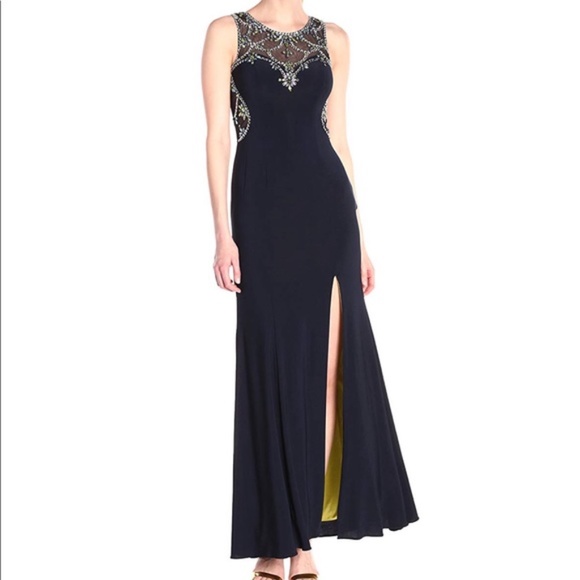 Betsy Adam Jeweled Dark Blue Lime Accents Prom Dress - Picture 4 of 5